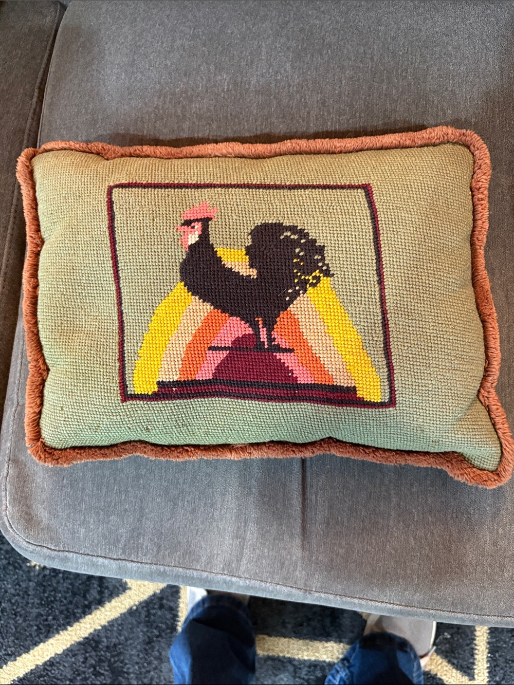 Vintage Needlepoint Rooster Pillow